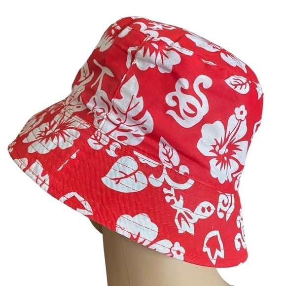 Printed Bucket Hat Red & White All-Over Palm Leaves Bucket Hat OS NEW - Picture 4 of 7